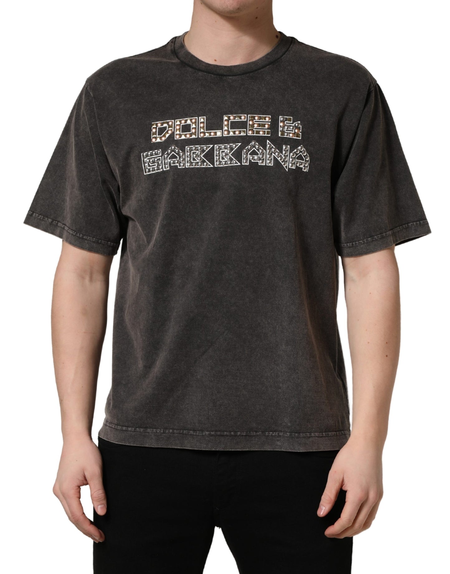 Camiseta de cuello redondo para hombre Dolce & Gabbana gris con logo embellecido