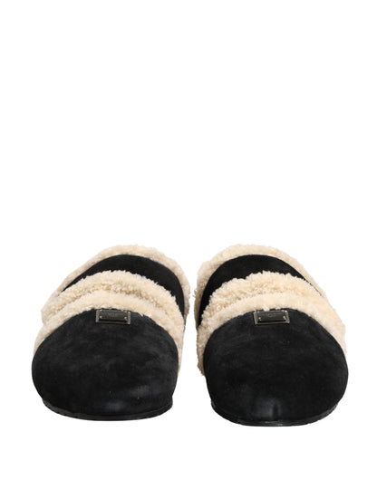 Sandales plates pour hommes Dolce & Gabbana en fausse fourrure beige et noire