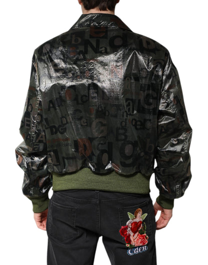 Blouson Dolce & Gabbana vert avec imprimé logo DG et fermeture éclair intégrale
