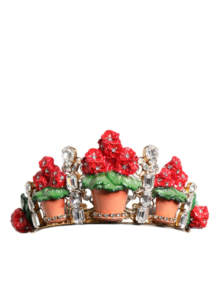 Serre-tête Dolce & Gabbana rouge floral pot de fleurs couronne dorée en cristal